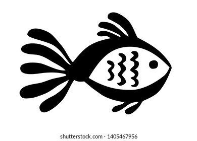 Cute cartoon fish hand painted with ink brush stroke, isolated on white background. Grunge vector illustration