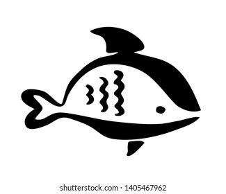 Cute cartoon fish hand painted with ink brush stroke, isolated on white background. Grunge vector illustration