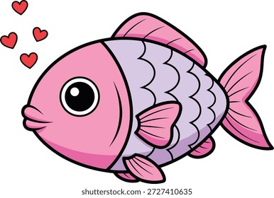 Pescado lindo de la historieta con la Ilustración vectorial de los corazones, dibujo animal acuático rosado y púrpura, carácter del océano del tema del amor para los niños y las páginas para colorear