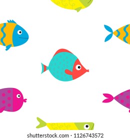 Cute cartoon fish icon set. Seamless Pattern. Flat design. Baby kids collection. Colorful aquarium animals. White background. Isolated. Wrapping paper, textile template. Vector illustration