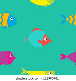 Cute cartoon fish icon set. Seamless Pattern. Flat design. Baby kids collection. Colorful aquarium animals. Green background. Isolated. Wrapping paper, textile template. Vector illustration