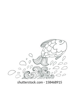 Cute cartoon fish jumping from an ocean with splash drawn on white background. Perfect marine design element.