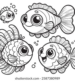 Cute Cartoon Fish Line Art Illustration. Perfect for coloring books, digital art, children's illustrations, and marine-themed designs.