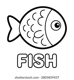 Cute cartoon fish line art illustration with large eye and visible scales, featuring a bold text label. Ideal for under-the-sea ocean theme coloring books, preschool aquatic animal crafts, and toddler vocabulary building worksheets.