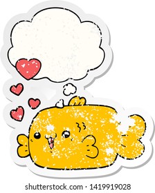 cute cartoon fish with love hearts with thought bubble as a distressed worn sticker