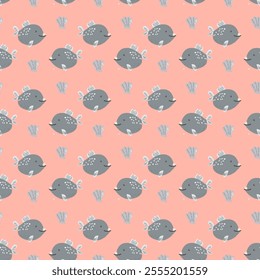 Cute cartoon fish pattern with coral elements on pink background.