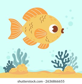 Cute Cartoon Fish and Sea Plants, algae and coral on seabed. Vector illustration. Kids collection