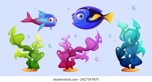 Cute cartoon fish and seaweed in sand. Vector illustration set of childish sea and ocean or aquarium underwater animals and plants. Bright tropical marine creature on blue background with bubbles.