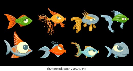 Cute cartoon fish set. Isolated on black background.