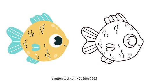 Cute cartoon Fish set. Isolated Color and Outline Line drawing, coloring book. Vector illustration. Kids collection