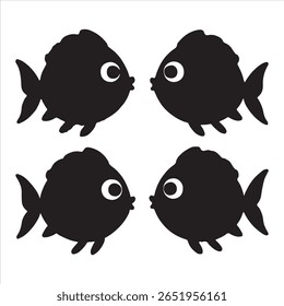 Conjunto de vetor de silhueta de peixe de desenhos animados bonito - Linha preta e branca Arte de ícones engraçados de animais marinhos para desenhos infantis, temas de aquário, vida marinha e conceitos de desenhos animados subaquáticos