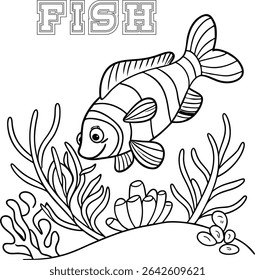 A cute cartoon fish swims among seaweed and coral. Outlined illustration for coloring books or educational materials.