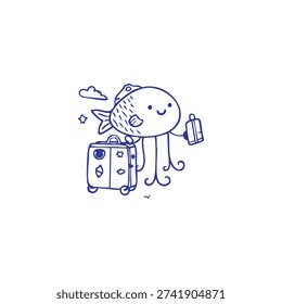 A cute cartoon fish with tentacles holds a suitcase and a passport, ready for travel.