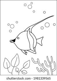 Cute cartoon fish under the sea. Can be used for coloring book. Vector illustration.