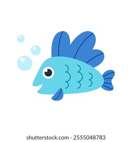 Cute cartoon fish in various shapes and colors, digital art illustration.