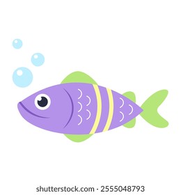 Cute cartoon fish in various shapes and colors, digital art illustration.