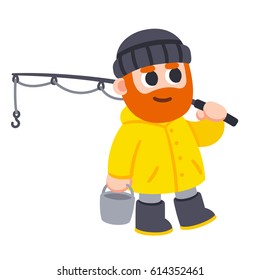 Cute cartoon fisherman character drawing. Man with beard and yellow raincoat holding fishing rod and bucket. Vector illustration.