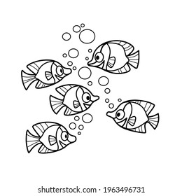 Cute cartoon fishes coloring book linear drawing isolated on white background