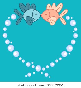 cute cartoon fishes in love romantic vector illustration