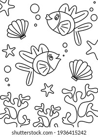 cute cartoon fishes, seashell, coral and starfish black and white vector illustration for coloring art