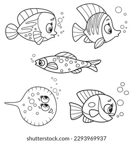 Cute cartoon five exotic sea fishes outlined for coloring page isolated on white background