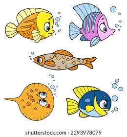 Cute cartoon five exotic sea fishes color variation for coloring page isolated on white background