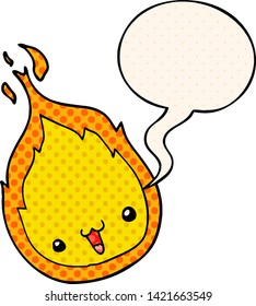 cute cartoon flame with speech bubble in comic book style