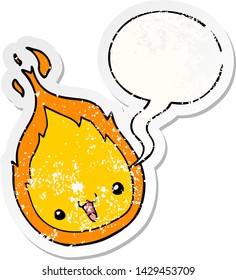 cute cartoon flame with speech bubble distressed distressed old sticker