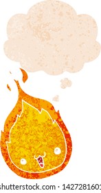 cute cartoon flame with thought bubble in grunge distressed retro textured style