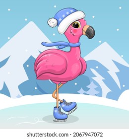 Cute cartoon flamingo in blue hat and scarf ice skating. Winter vector illustration with bird, mountains and snow.