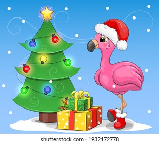 Cute cartoon flamingo with Christmas tree and gifts. Winter vector illustration on a blue background.