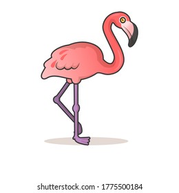 Cute cartoon flamingo. Colorful flat vector illustration with outline, isolated on white background.