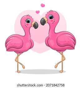 Cute cartoon flamingo couple. Vector illustration of pink birds with hearts.