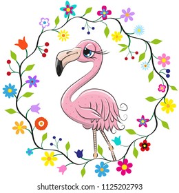 Cute Cartoon Flamingo In A Flowers Frame