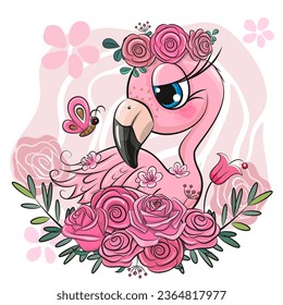 Cute Cartoon Flamingo with flowers on a pink background