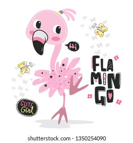 Cute cartoon flamingo girl with little butterflies isolated on white background illustration vector.