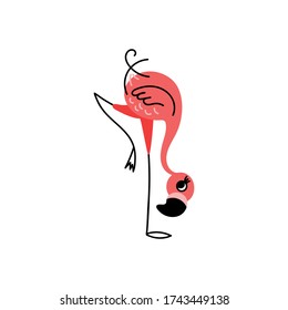 Cute cartoon flamingo with head leaned to the ground. Flat vector illustration.