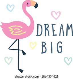 Cute Cartoon Flamingo With Hearts And Slogan