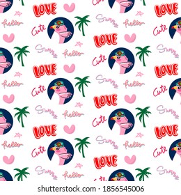  Cute cartoon Flamingo in ice cream Seamless pattern  love summer design on white background vector.Pattern background on white isolated.