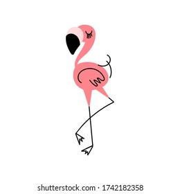 Cute cartoon flamingo with line details isolated on white background. Flat vector illustration.