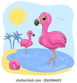 Cute cartoon flamingo on the beach. Summer vector illustration with birds, sun, palms, sea, animal shell.