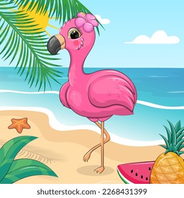 Cute cartoon flamingo on the beach. Summer vector illustration with a bird, the sea, the sun and fruits.