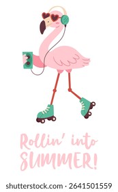 Cute cartoon flamingo on roller skates, listening to music with heart-shaped sunglasses and headphones. Fun and quirky vector character for summer designs, kids' products, tropical themes