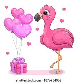 Cute cartoon flamingo with pink gift and balloons. Vector illustration isolated on white. 