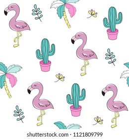Cute cartoon flamingo seamless pattern on a white background