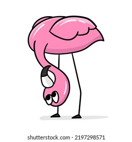 Cute cartoon flamingo with upside down head. Hand drawn style. Element for childrens design. One of the set