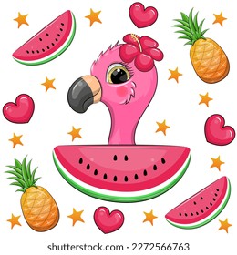 Cute cartoon flamingo with watermelons and pineapples. Summer bird vector illustration with fruits, hearts and stars on white background.