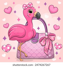 Cute cartoon flamingo wears a hair bow and stands near the woman's bag. Vector illustration of an animal on a pink background with hearts.