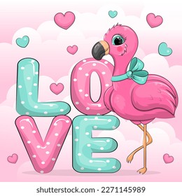 Cute cartoon flamingo and the word Love. Vector illustration of a bird and letters on a pink background with clouds and hearts.