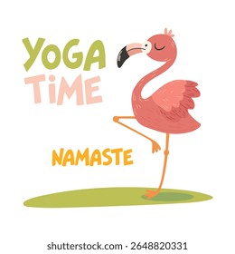 Flamingo de desenho animado bonito na pose de ioga. Ilustração de vetor de pássaro de caractere. Isolado no branco.